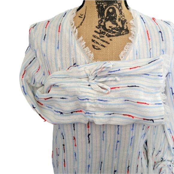 NEW XS DREW Brooklyn blouse, white with blue red stripes, bow sleeves, raw hems - Picture 3 of 6